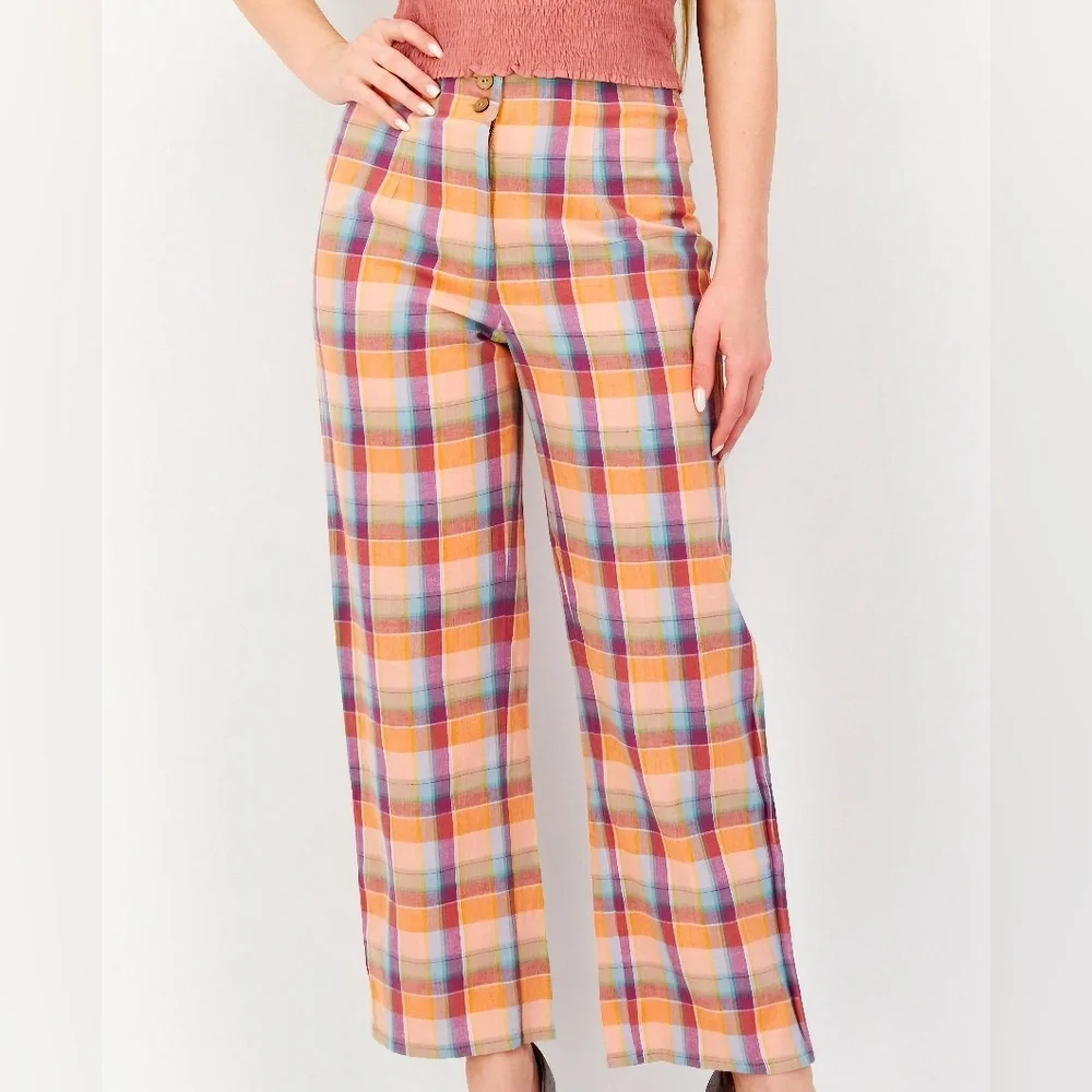 NWT Billabong The Salty Blonde Break Point Cropped Linen Blend Plaid Pants - Picture 1 of 11